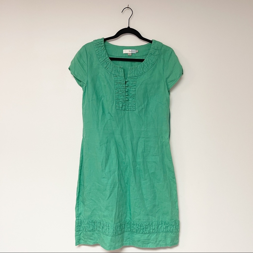 Boden 100% Linen Green Short Sleeve Mid Length Dress